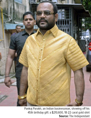 Ft-Pankaj Parakh, an Indian businessman showing off his 45th birthday present gift a $210,600 18 carat gold shirt