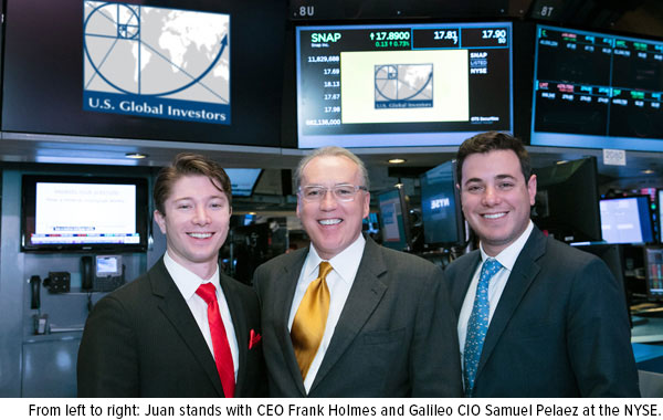 Juan Leon with CEO Frank Holmes and Galileo CEO Sam Pelaez at the New York Stock Exchange