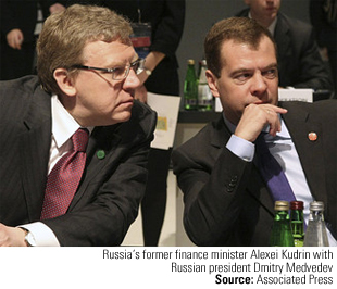 Russia's former finance minister Alexei Kudrin with Russian<br /> president Dmitry Medvedev