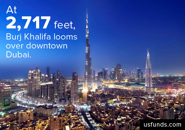 At 2,717 feet, Burj Khalifa looms over downtown Dubai.