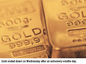 Gold ended down on Wednesday after an extremely volatile day.