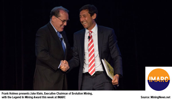 Frank Holmes presents Jake Klein, executive chairman of evolution mining with legend in mining award this week at IMARC.
