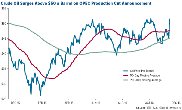 Crude oil surges above $50 a barrel on OPEC production cut announcement