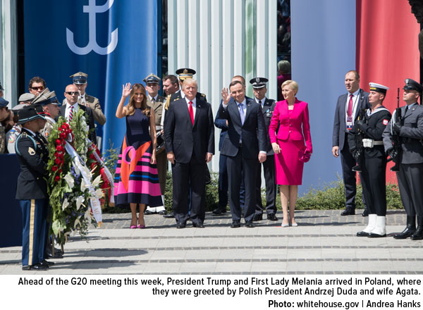 ahead of the g20 meeting this week, Presidend Trump and First Lady Melania arrived in Poland, greeted by Polish President Adrezej Duda and wife Agata.