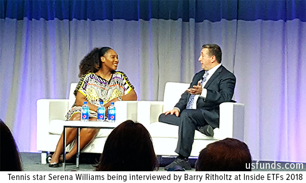 Tennis star Serena Williams being interviewed by Barry Ritholtz at Inside ETFs 2018