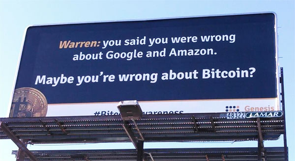 Warren Buffet billboard Bitcoin Genesis Mining