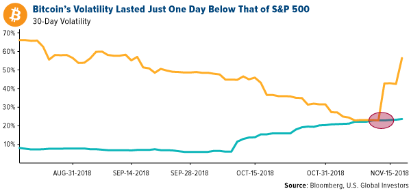 bitcoin's volatility lasted just one day below that of S&P 500