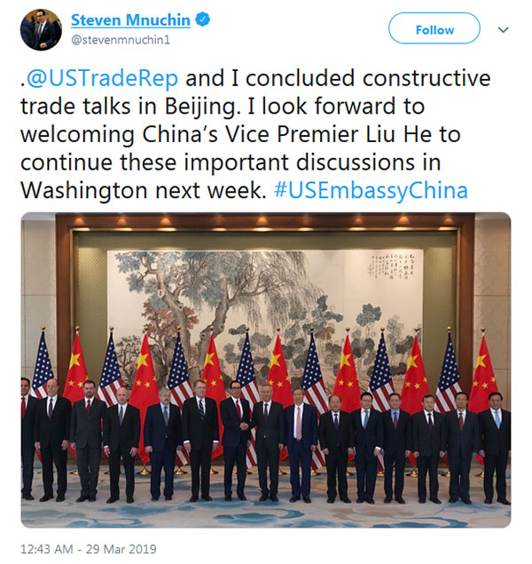Steven Mnuchin tweet welcoming China's Vice Premier Liu He