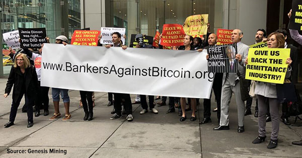 Bankers agaisnt Bitcoin protest