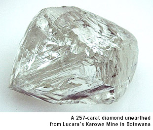 A 257-carat diamond unearthed from Lucara's Karowe Mine in Botswana