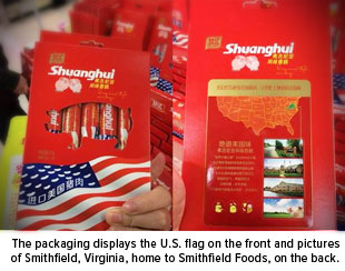 The packaging displays the U.S. flag on the front and pictures of Smithfield, Virginia, home to Smithfield Foods, on the back