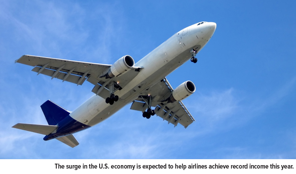 The Surge in the U.S. Economy is expected to help airlines achieve record income this year