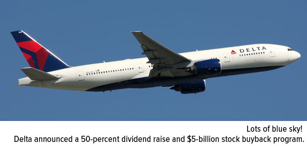 Lots of blue sky! Delta announced a 50-percent dividend raise and $5-billion  stock buyback program.