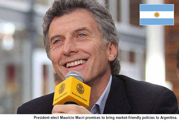 President-elect Mauricio Macri promises to bring market-friendly policies to Argentina.