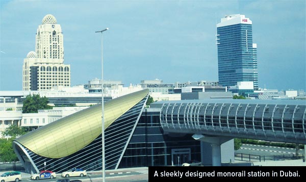 A sleekly designed monorail station in Dubai