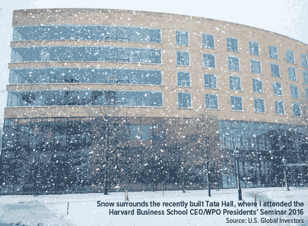 Snow surrounds Tata Hall completed in 2013 where I attended the Harvard Business School CEO/WPO Presidents' Seminar 2016