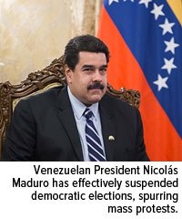 Venezuelan Presiden Nicolas Maduro has effetively suspended democratic elections, spurring mass protests.