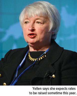 Yellen says she expects rates to be raised sometime this year. 