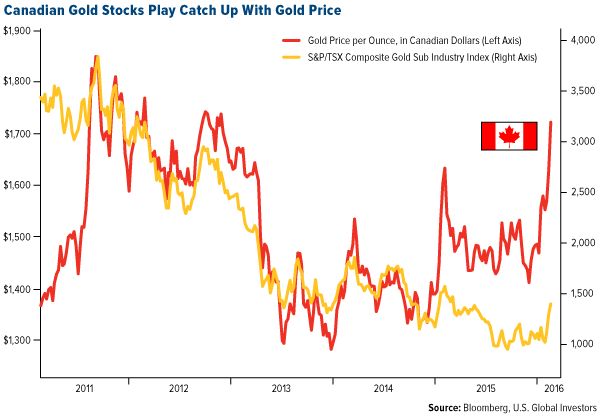 Canadian Gold Stocks Play CAtch Up With Gold Price