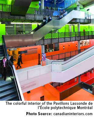 The colorful interior of the Pavillons Lassonde de I'Ecole polytechnique Montreal