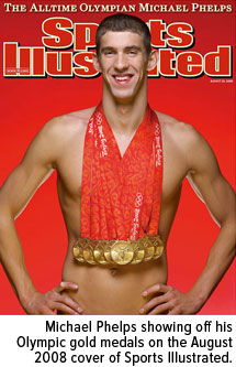 Michael Phelps showing off his Olympic gold medals on the August 2008 cover of Sports Illustrated