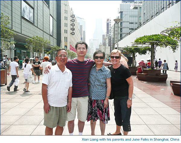 Xian Liang with his parents and June Falks in Shanghai, China