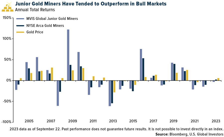 Junior gold miners have tended to outperform in Bull Markets
